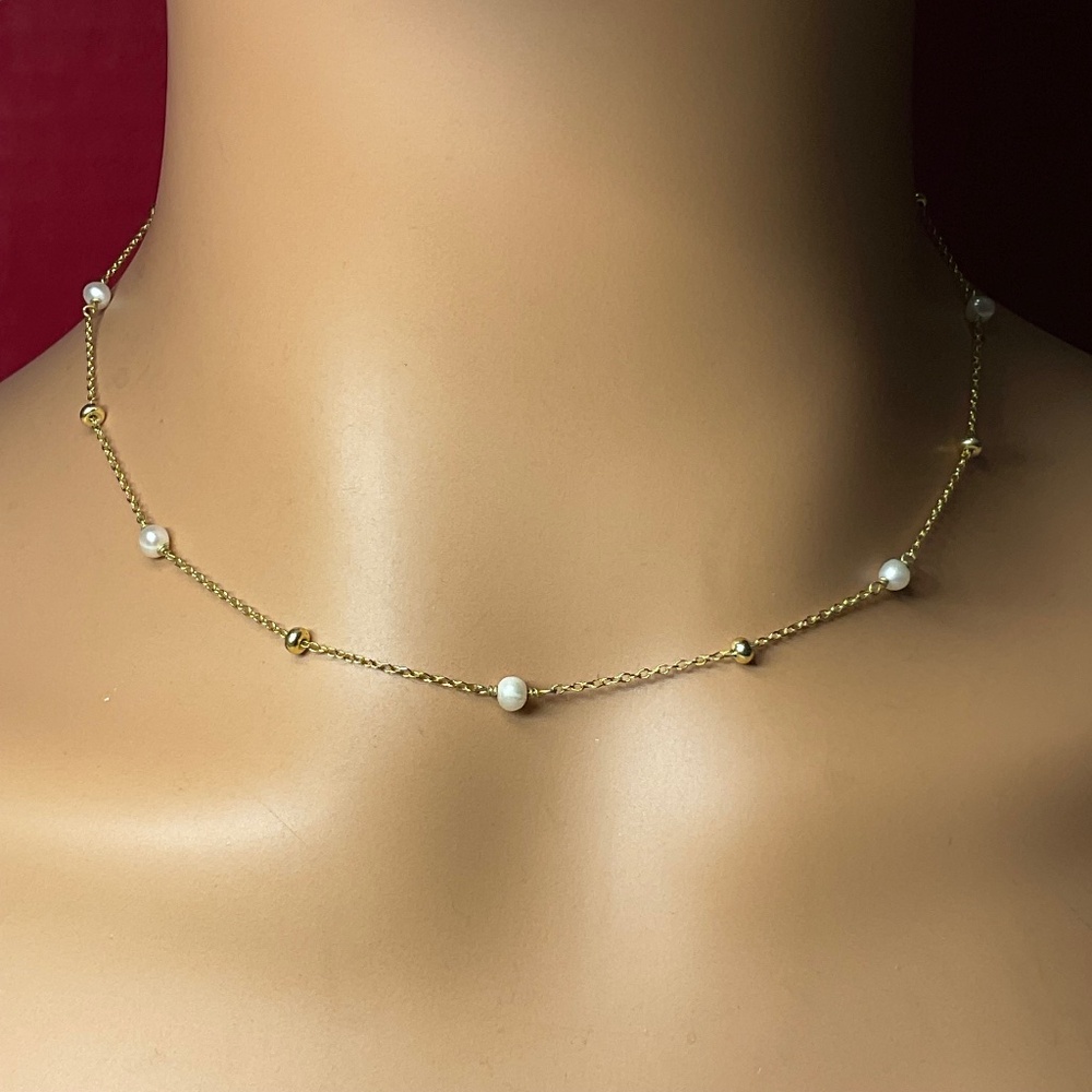 Vintage Sterling Silver CI White and Gold Spaced Bead Necklace. 13 to 18”